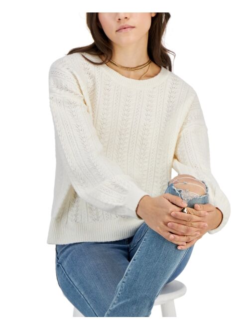 Hippie Rose Juniors' Crewneck Pointelle-Knit Sweater