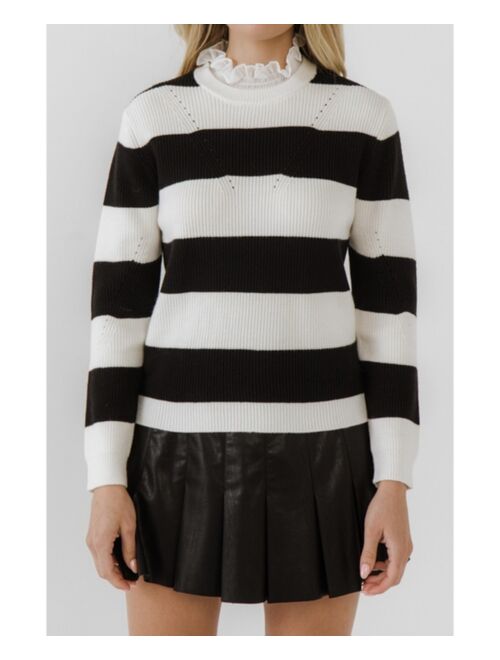 English Factory Women's Lace Detail with Stripe Sweater