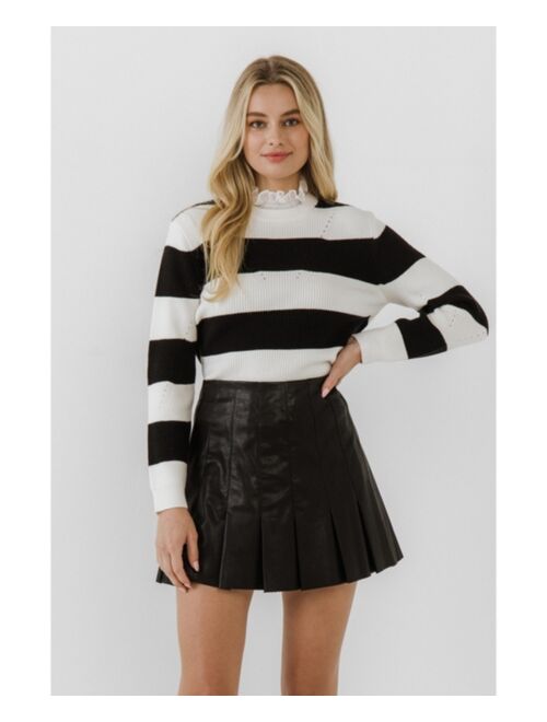 English Factory Women's Lace Detail with Stripe Sweater