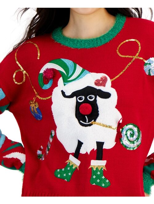 Hooked Up by IOT Juniors' Embellished Sheep Ugly Christmas Sweater