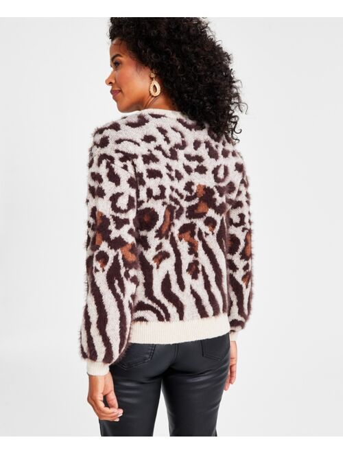 I.N.C. International Concepts Women's Animal-Print Eyelash Sweater, Created for Macy's