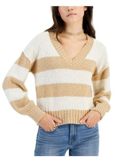 Hippie Rose Juniors' V-Neck Boucle Striped Sweater