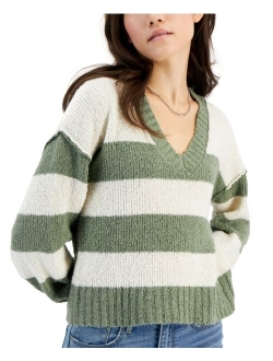 Hippie Rose Juniors' V-Neck Boucle Striped Sweater