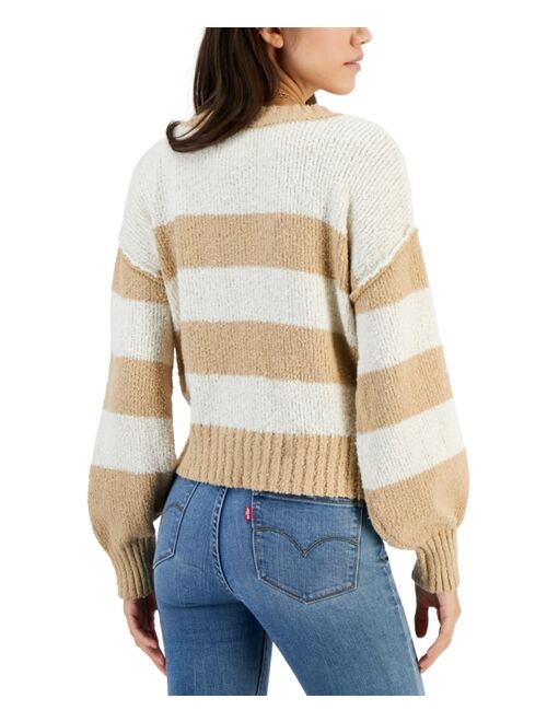 Hippie Rose Juniors' V-Neck Boucle Striped Sweater