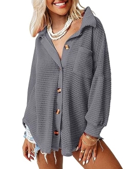 AUTOMET Womens Shackets Waffle Knit Casual Jackets Button Down Flannel Shirts Trendy Tops Fall Clothes 2023 Fashion Outfits