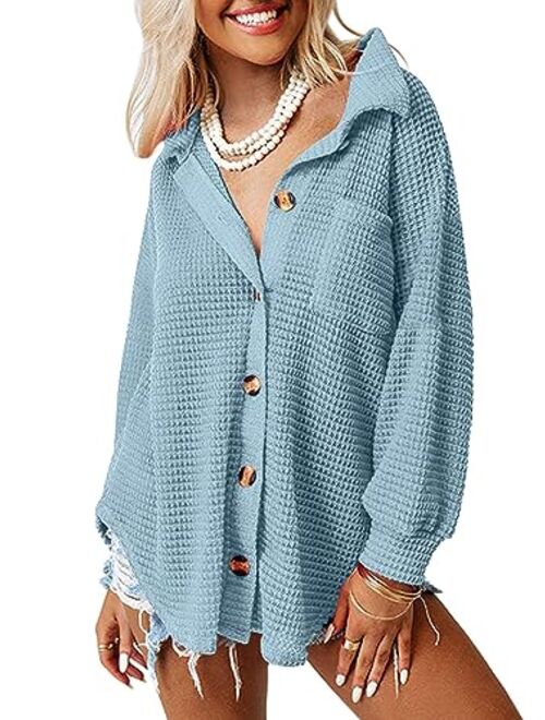 AUTOMET Womens Shackets Waffle Knit Casual Jackets Button Down Flannel Shirts Trendy Tops Fall Clothes 2023 Fashion Outfits