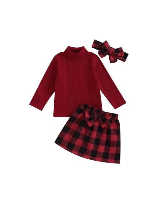 Madjtlqy Baby Girls Fall Winter Outfit Sets Ribbed Long Sleeve Pullover Tops + Plaid Suspender Skirt 12 18 24M 2T 3T 4T 5T