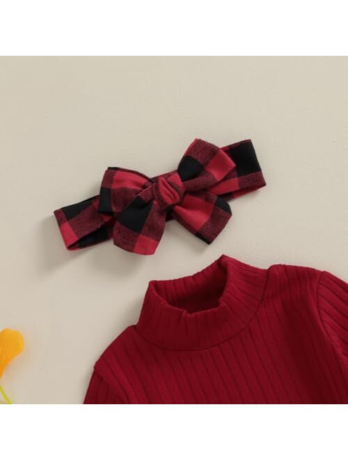 Madjtlqy Baby Girls Fall Winter Outfit Sets Ribbed Long Sleeve Pullover Tops + Plaid Suspender Skirt 12 18 24M 2T 3T 4T 5T