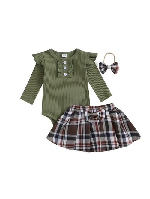 Madjtlqy Baby Girls Fall Winter Outfit Sets Ribbed Long Sleeve Pullover Tops + Plaid Suspender Skirt 12 18 24M 2T 3T 4T 5T