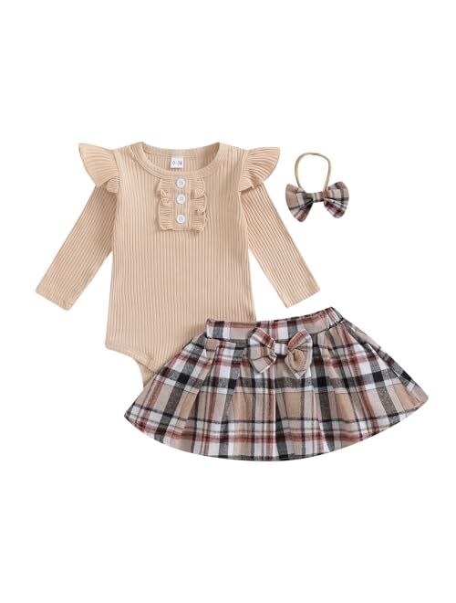 Madjtlqy Baby Girls Fall Winter Outfit Sets Ribbed Long Sleeve Pullover Tops + Plaid Suspender Skirt 12 18 24M 2T 3T 4T 5T