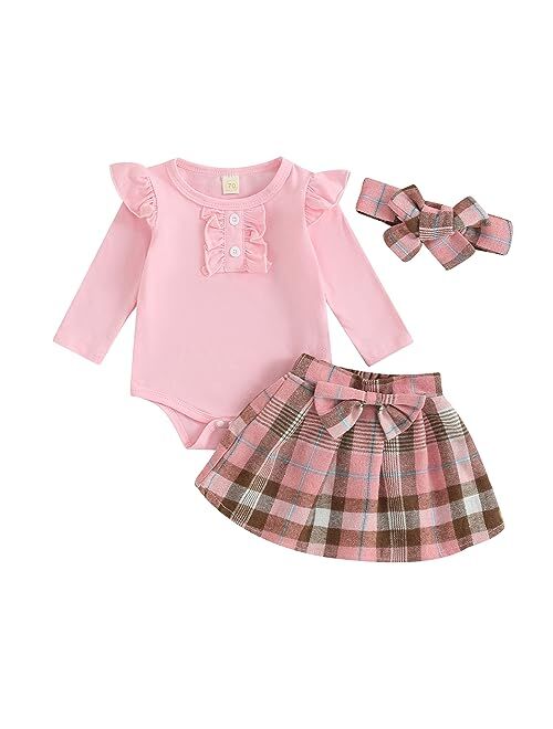 Madjtlqy Baby Girls Fall Winter Outfit Sets Ribbed Long Sleeve Pullover Tops + Plaid Suspender Skirt 12 18 24M 2T 3T 4T 5T