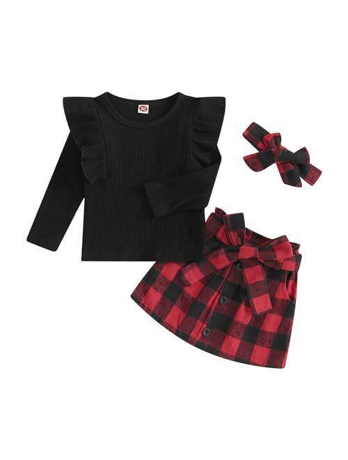 Madjtlqy Baby Girls Fall Winter Outfit Sets Ribbed Long Sleeve Pullover Tops + Plaid Suspender Skirt 12 18 24M 2T 3T 4T 5T