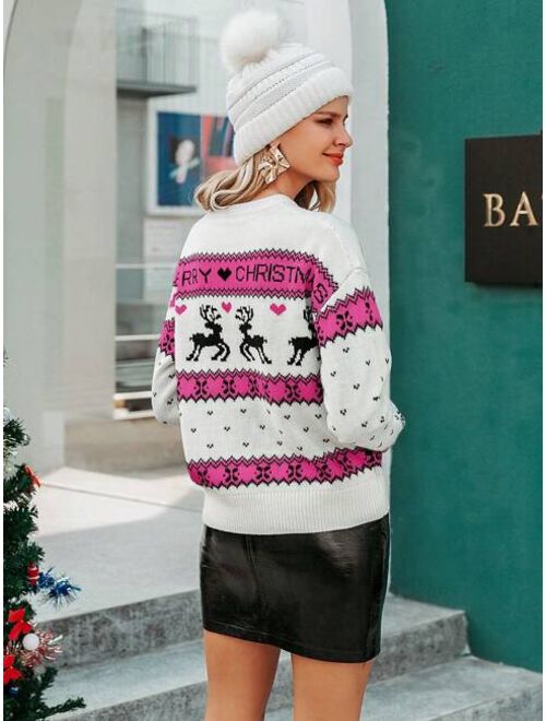 Simplee Christmas Pattern Drop Shoulder Sweater