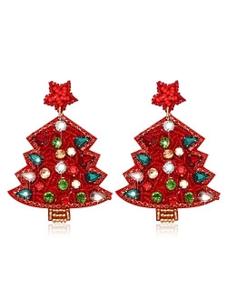 Zolearopy Christmas Earrings for Women Beaded Christmas Tree Dangling Earrings Hypoallergenic Handmade Sparkly Red Green Colorful Crystal Bead Xmas Tree Star Drop Dangle 