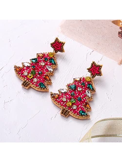 Zolearopy Christmas Earrings for Women Beaded Christmas Tree Dangling Earrings Hypoallergenic Handmade Sparkly Red Green Colorful Crystal Bead Xmas Tree Star Drop Dangle 