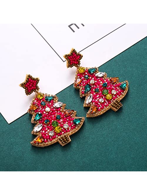 Zolearopy Christmas Earrings for Women Beaded Christmas Tree Dangling Earrings Hypoallergenic Handmade Sparkly Red Green Colorful Crystal Bead Xmas Tree Star Drop Dangle 