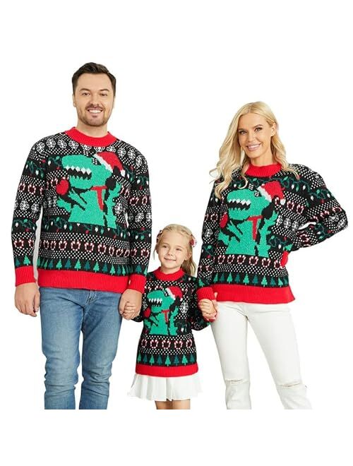 Mumetaz Ugly Family Christmas Sweater Dinosaur Christmas Tree Print Long Sleeve Xmas Knitted Pullover Top