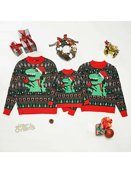 Mumetaz Ugly Family Christmas Sweater Dinosaur Christmas Tree Print Long Sleeve Xmas Knitted Pullover Top