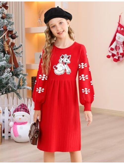 RAISEVERN Girls Sweater Dress Knit Casual Puff Long Sleeve Crew Neck Winter Fall Pullover Dresses Size 6-12