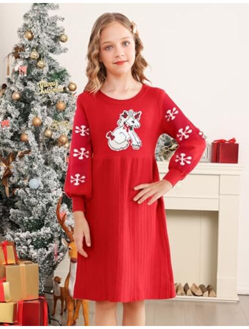 RAISEVERN Girls Sweater Dress Knit Casual Puff Long Sleeve Crew Neck Winter Fall Pullover Dresses Size 6-12