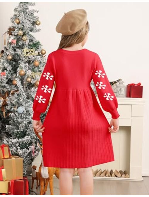 RAISEVERN Girls Sweater Dress Knit Casual Puff Long Sleeve Crew Neck Winter Fall Pullover Dresses Size 6-12