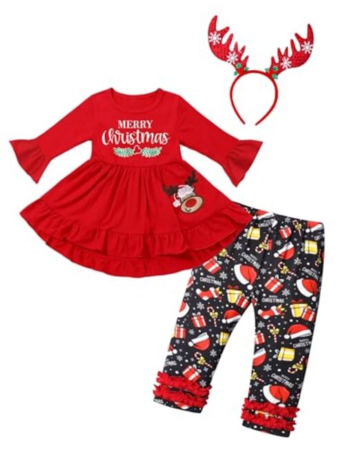 ADIFUN Toddler Girl Christmas Outfit Red Long Sleeve Top Christmas Element Pattern Black Pants Elk Hair Bands 3 Piece Set