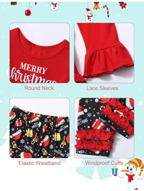 ADIFUN Toddler Girl Christmas Outfit Red Long Sleeve Top Christmas Element Pattern Black Pants Elk Hair Bands 3 Piece Set