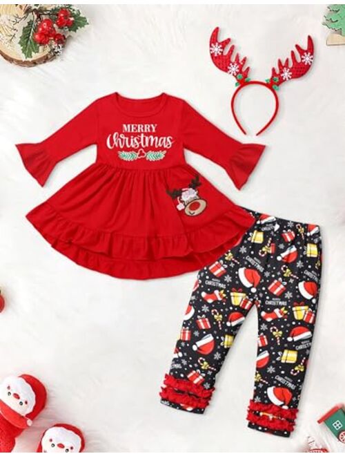 ADIFUN Toddler Girl Christmas Outfit Red Long Sleeve Top Christmas Element Pattern Black Pants Elk Hair Bands 3 Piece Set