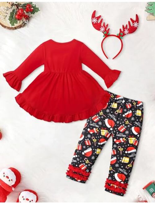 ADIFUN Toddler Girl Christmas Outfit Red Long Sleeve Top Christmas Element Pattern Black Pants Elk Hair Bands 3 Piece Set