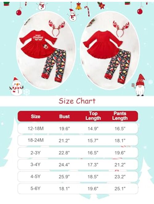 ADIFUN Toddler Girl Christmas Outfit Red Long Sleeve Top Christmas Element Pattern Black Pants Elk Hair Bands 3 Piece Set