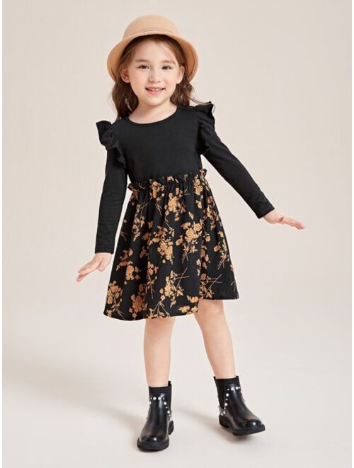 SHEIN Kids Nujoom Toddler Girls Floral Panel Ruffle Trim Dress