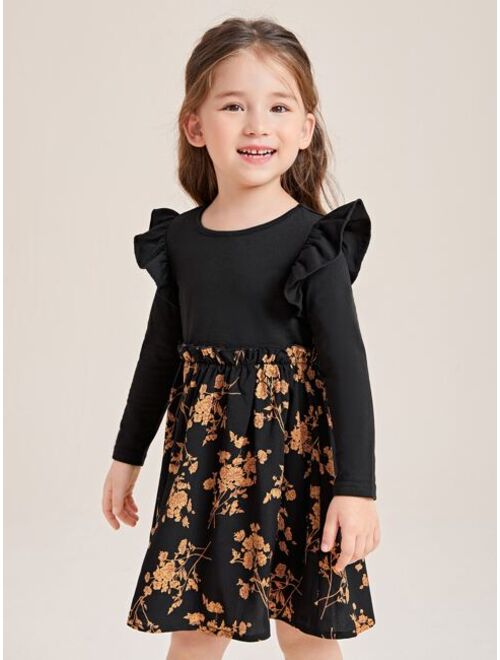 SHEIN Kids Nujoom Toddler Girls Floral Panel Ruffle Trim Dress