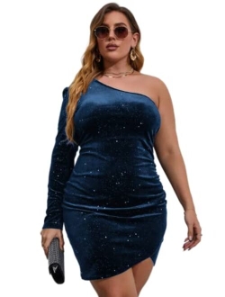 Women's Plus Size One Shoulder Long Sleeve Ruched Wrap Velvet Bodycon Dress