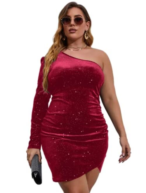 SOLY HUX Women's Plus Size One Shoulder Long Sleeve Ruched Wrap Velvet Bodycon Dress