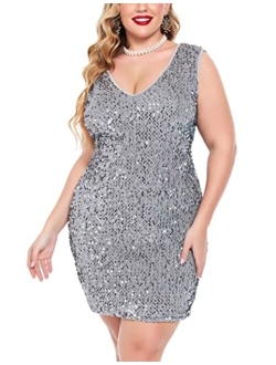 IN'VOLAND Womens Sequin Dress Plus Size V Neck Party Cocktail Sparkle Glitter Evening Stretchy Mini Bodycon Dresses