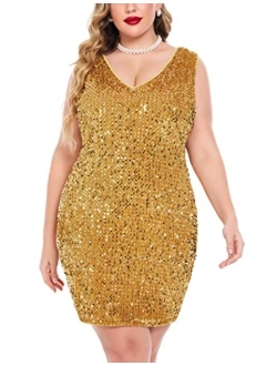 IN'VOLAND Womens Sequin Dress Plus Size V Neck Party Cocktail Sparkle Glitter Evening Stretchy Mini Bodycon Dresses