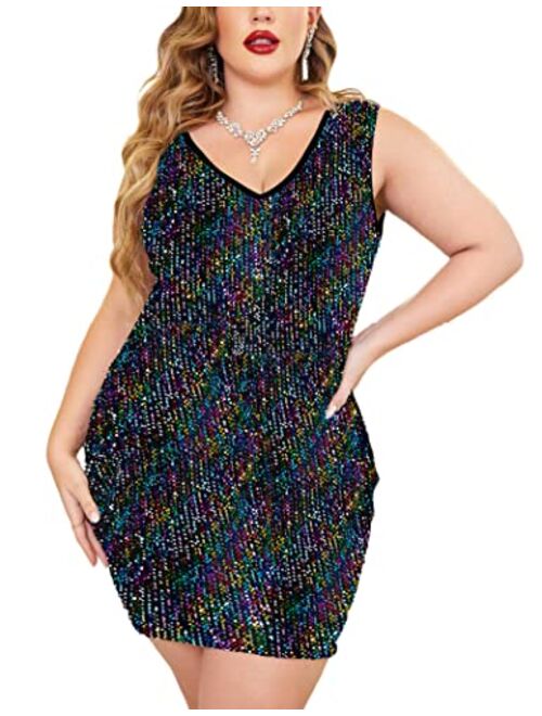 IN'VOLAND Womens Sequin Dress Plus Size V Neck Party Cocktail Sparkle Glitter Evening Stretchy Mini Bodycon Dresses