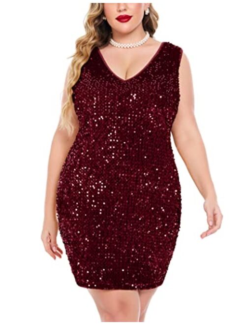 IN'VOLAND Womens Sequin Dress Plus Size V Neck Party Cocktail Sparkle Glitter Evening Stretchy Mini Bodycon Dresses