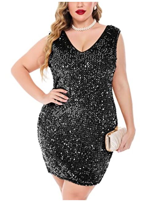 IN'VOLAND Womens Sequin Dress Plus Size V Neck Party Cocktail Sparkle Glitter Evening Stretchy Mini Bodycon Dresses