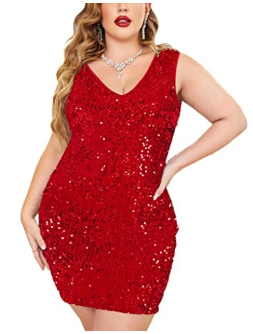 IN'VOLAND Womens Sequin Dress Plus Size V Neck Party Cocktail Sparkle Glitter Evening Stretchy Mini Bodycon Dresses