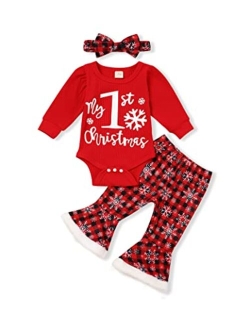 Sinda My First Christmas Outfit Newborn Baby Girl Bodysuit Snowflake Plaid Ruffle Bell Bottom Pants Headband Christmas Clothes Set