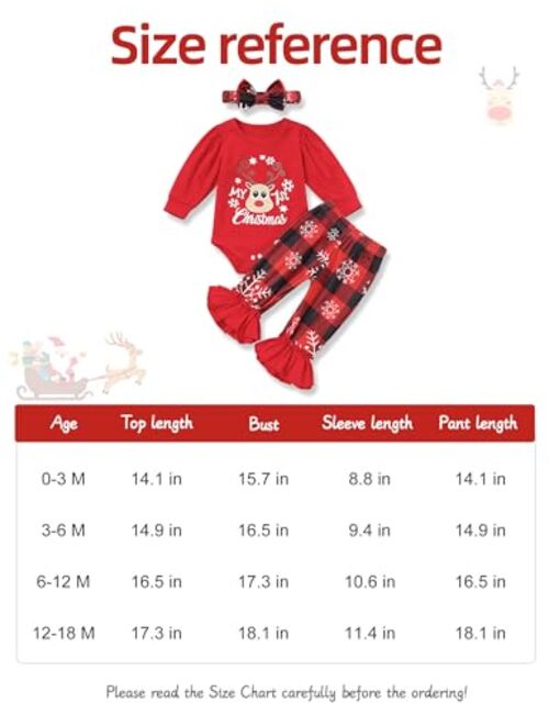 Sinda My First Christmas Outfit Newborn Baby Girl Bodysuit Snowflake Plaid Ruffle Bell Bottom Pants Headband Christmas Clothes Set