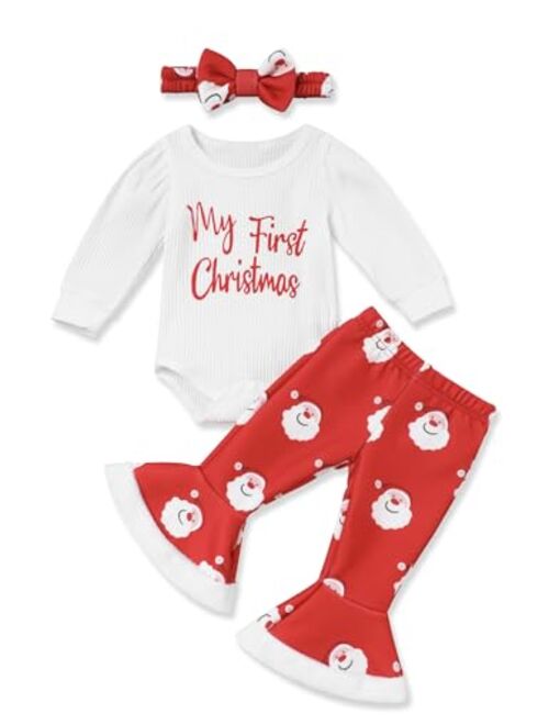 Sinda My First Christmas Outfit Newborn Baby Girl Bodysuit Snowflake Plaid Ruffle Bell Bottom Pants Headband Christmas Clothes Set