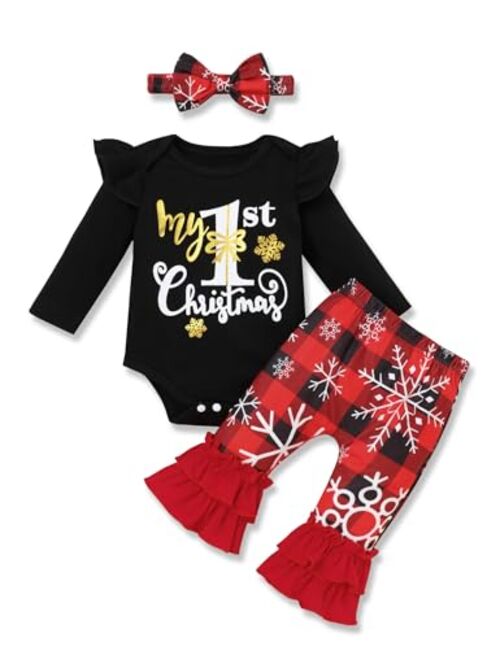 Perdeca Baby Girl Christmas Outfit My First Christmas Romper Merry Christmas Flare Pant Christmas Romper Baby Girl