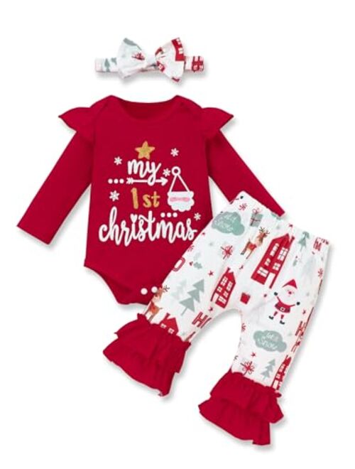 Perdeca Baby Girl Christmas Outfit My First Christmas Romper Merry Christmas Flare Pant Christmas Romper Baby Girl