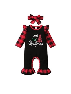 Fernvia Newborn Baby Girl Christmas Outfits Infant Christmas Romper Cute Ruffle Jumpsuit Bodysuit Kids One-Piece Clothes Fall