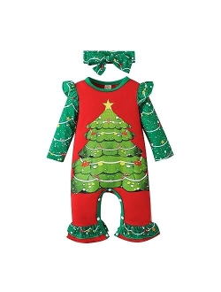 Noubeau My 1st Christmas Newborn Baby Girl Outfits Cute Plaid Stripe Romper Playsuit Bell-Bottom Jumpsuit Headband Xmas Clothes