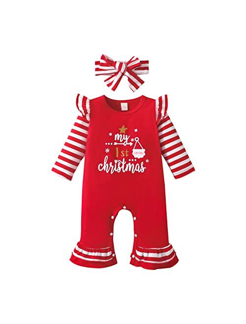 Noubeau My 1st Christmas Newborn Baby Girl Outfits Cute Plaid Stripe Romper Playsuit Bell-Bottom Jumpsuit Headband Xmas Clothes