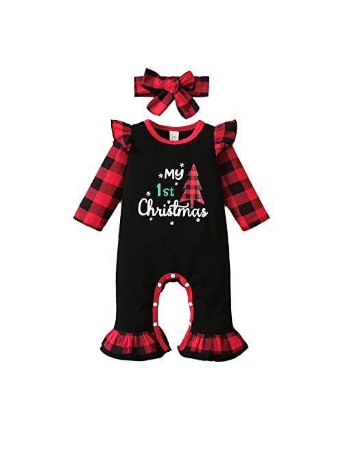 Noubeau My 1st Christmas Newborn Baby Girl Outfits Cute Plaid Stripe Romper Playsuit Bell-Bottom Jumpsuit Headband Xmas Clothes