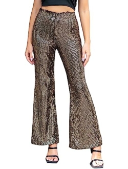 ALISISTER Womens Sequin Pants High Waist Glitter Bell Bottoms Sparkle Wide Leg Palazzo Flared Trousers